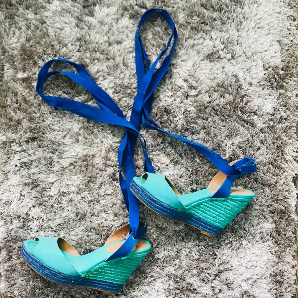 Blue lace up wedges